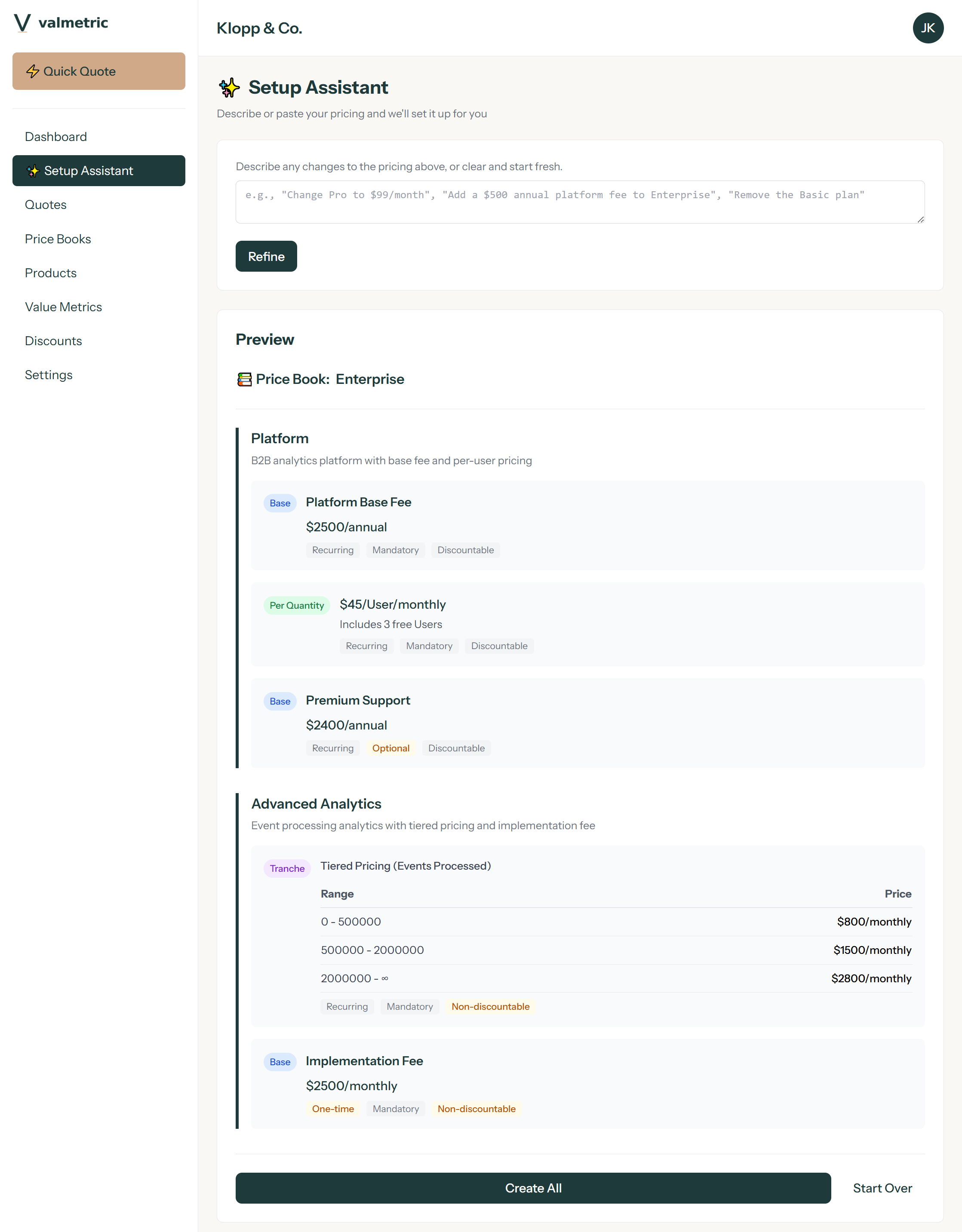 Structured price book preview generated by Setup Assistant