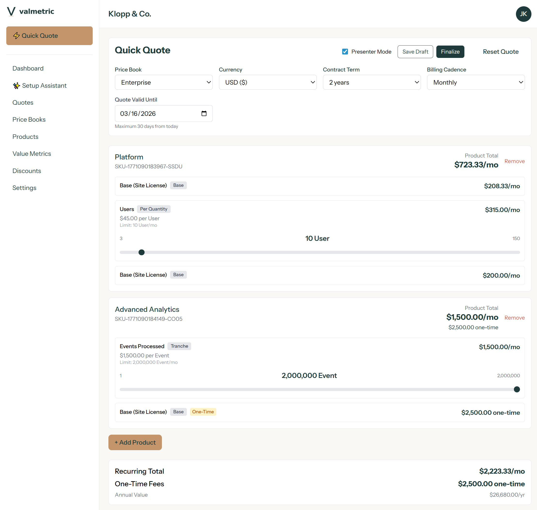 Quick Quote interface showing real-time quote building with product selection and pricing